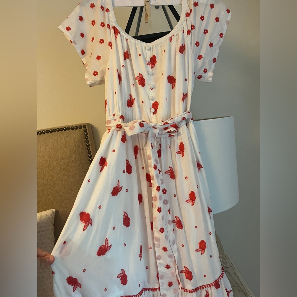 Anthropologie White Flowy Dress with Red Florals